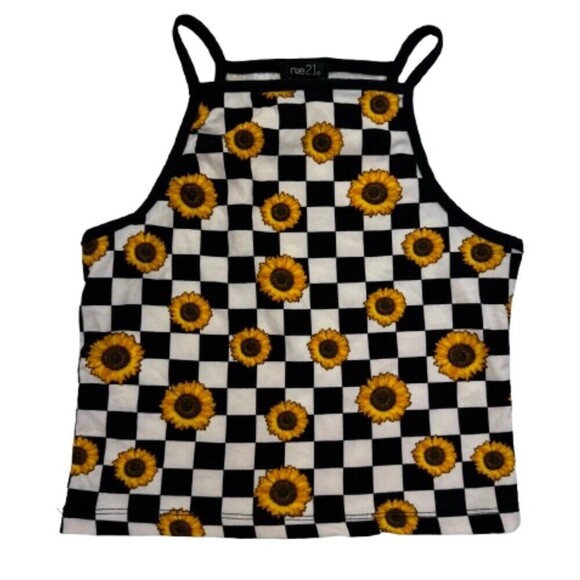 Rue 21 Crop Tank Top Size Small Black White Checkered Sunflowers Y2K - Picture 1 of 6